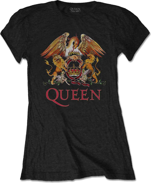 Rock Off Queen Ladies T-Shirt Classic Crest Black (size S)